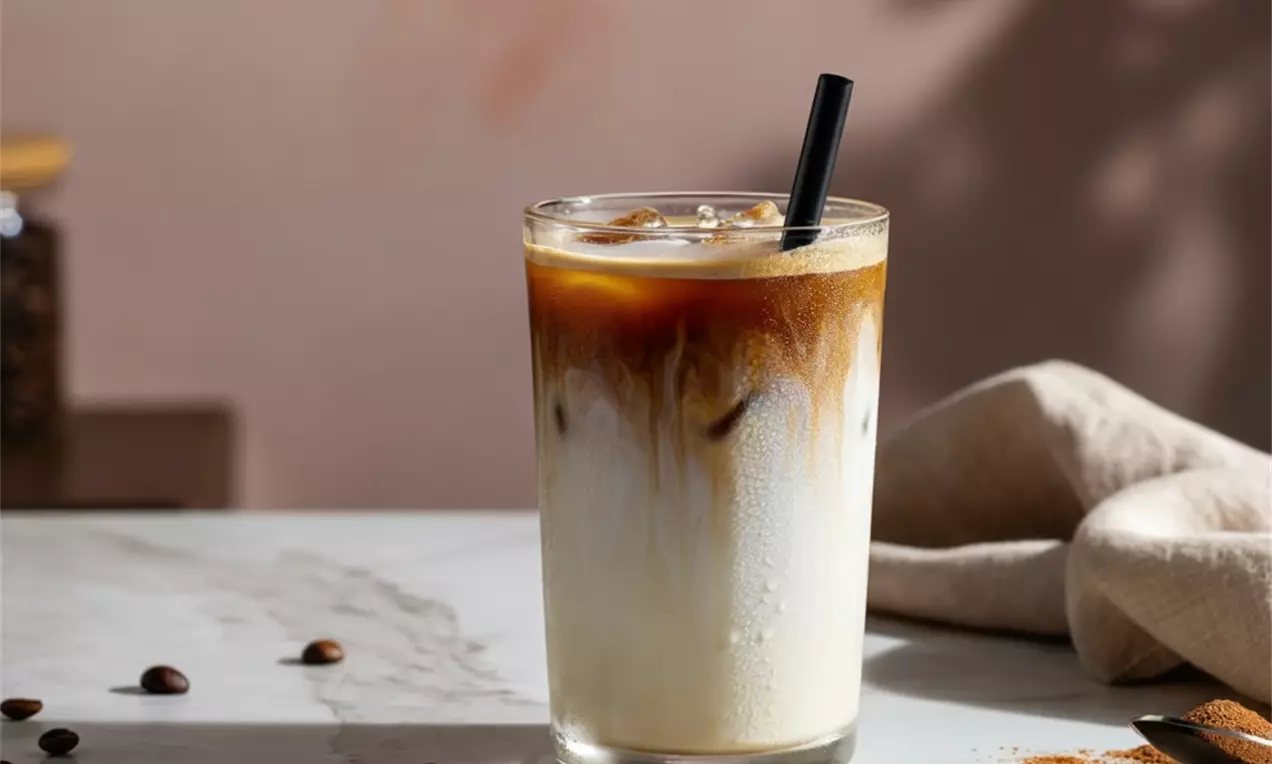 Picture - A clear glass filled with layered iced coffee, creamy white at the base blending into rich brown, topped with ice and a black straw