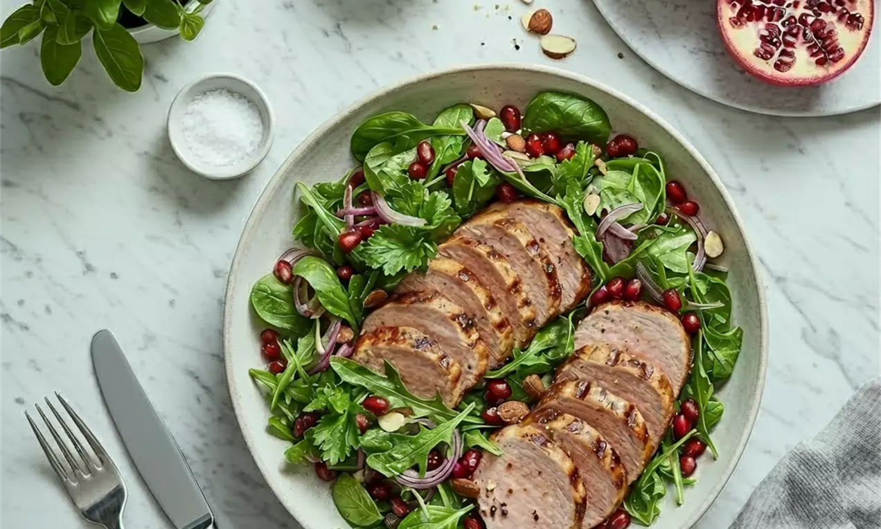 Picture - Grilled golden-brown pork tenderloin slices with charred grill marks arranged over fresh spinach, pomegranate seeds and almonds in a bowl