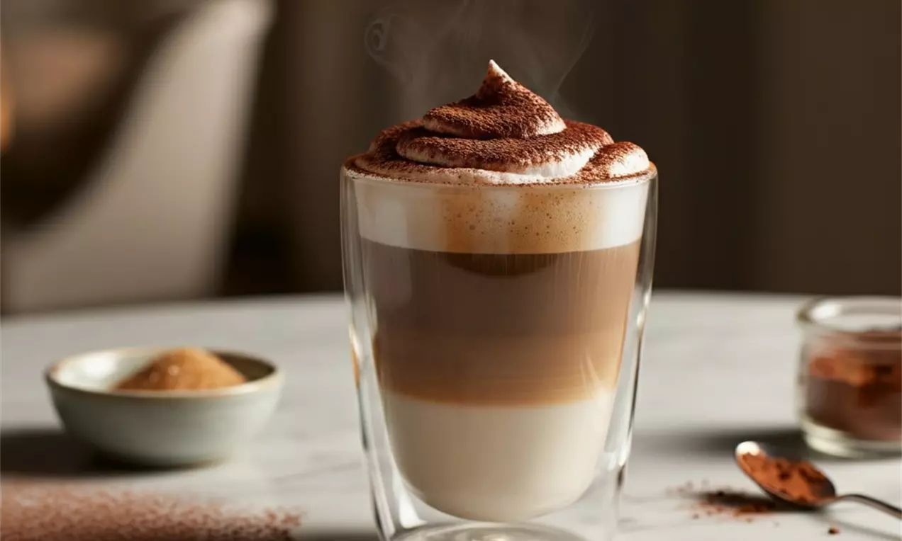 Picture - Layered latte in a clear glass with creamy white foam topped with cocoa powder, set on a marble table with sugar and cocoa nearby