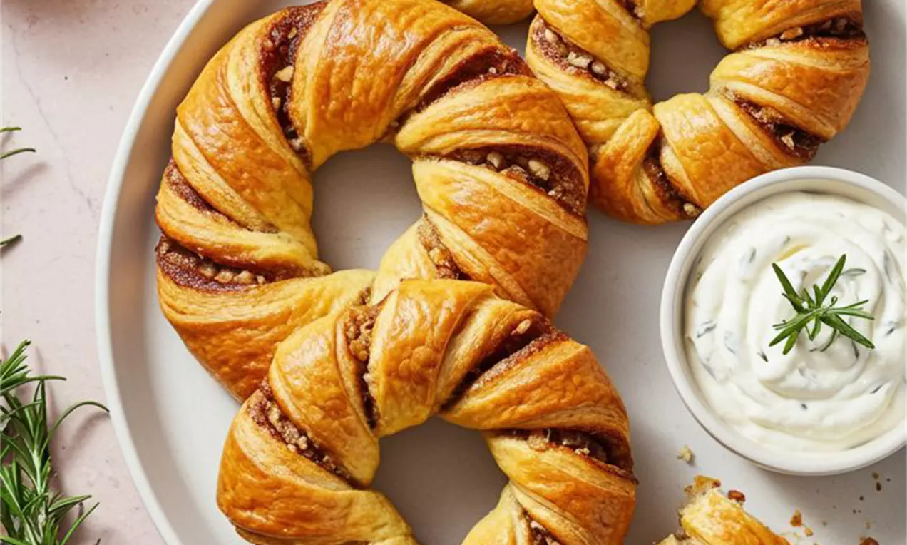 Picture - Golden, braided bread wreath with flaky texture arranged on a white plate beside creamy vanilla rosemary dip and fresh rosemary sprigs