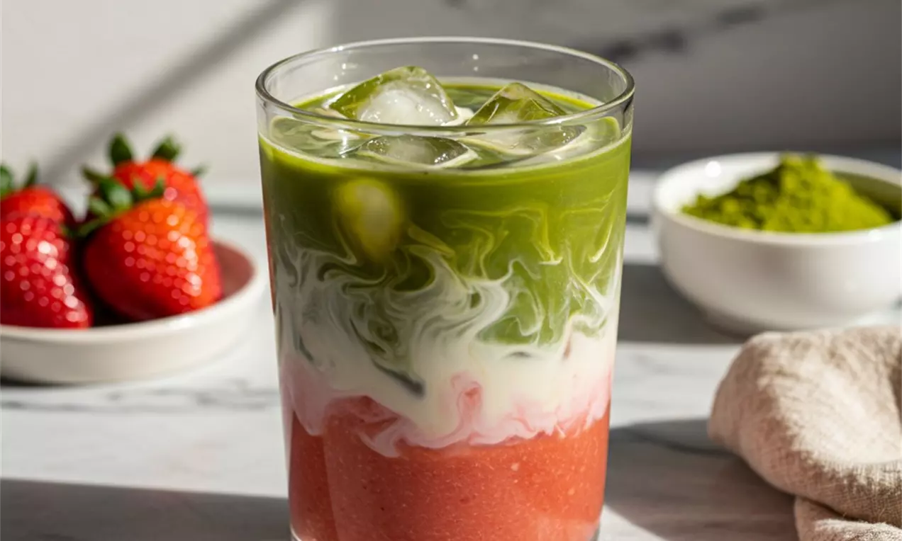 Picture - Layered iced drink in a clear glass with bright red strawberry purée at the base, creamy white milk, and vivid green matcha, topped with ice cubes