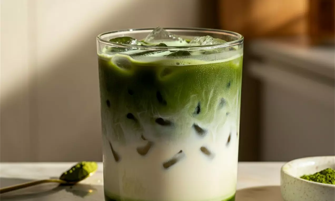 Picture - A glass of iced matcha latte with a creamy white base blending into vibrant green layers, topped with ice cubes on a marble countertop
