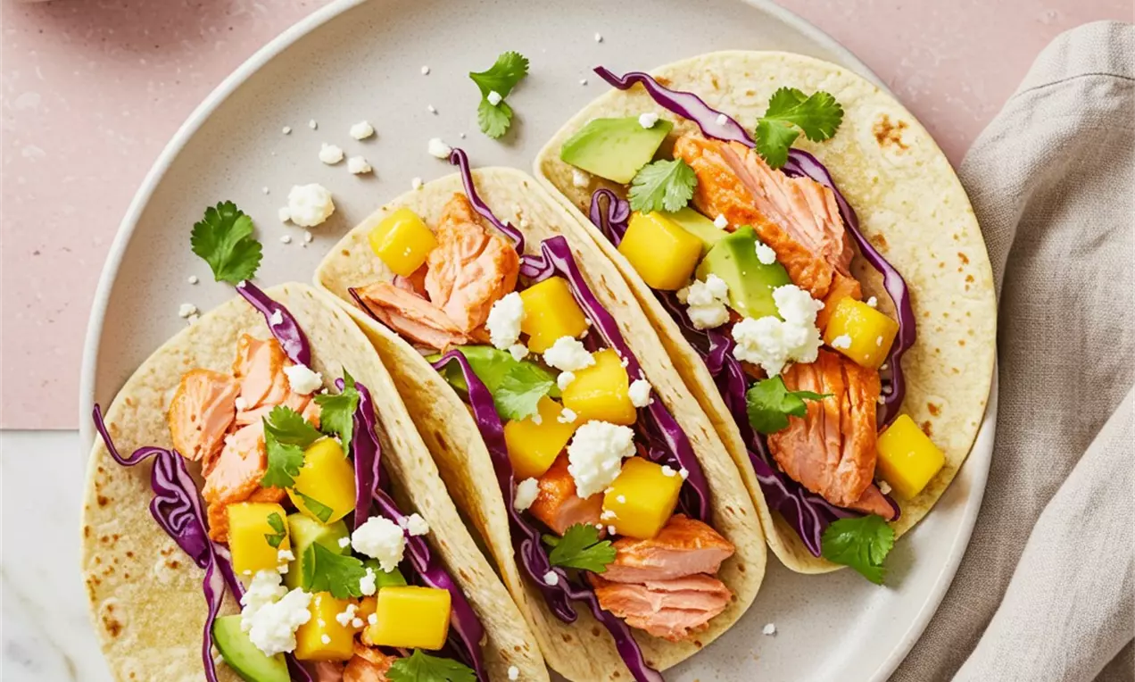 Picture - Soft golden tortillas folded to cradle flaked pink salmon, vibrant purple cabbage, yellow mango cubes, avocado slices, cilantro and white crumbled cheese arranged on a neutral plate with a blush pink backdrop