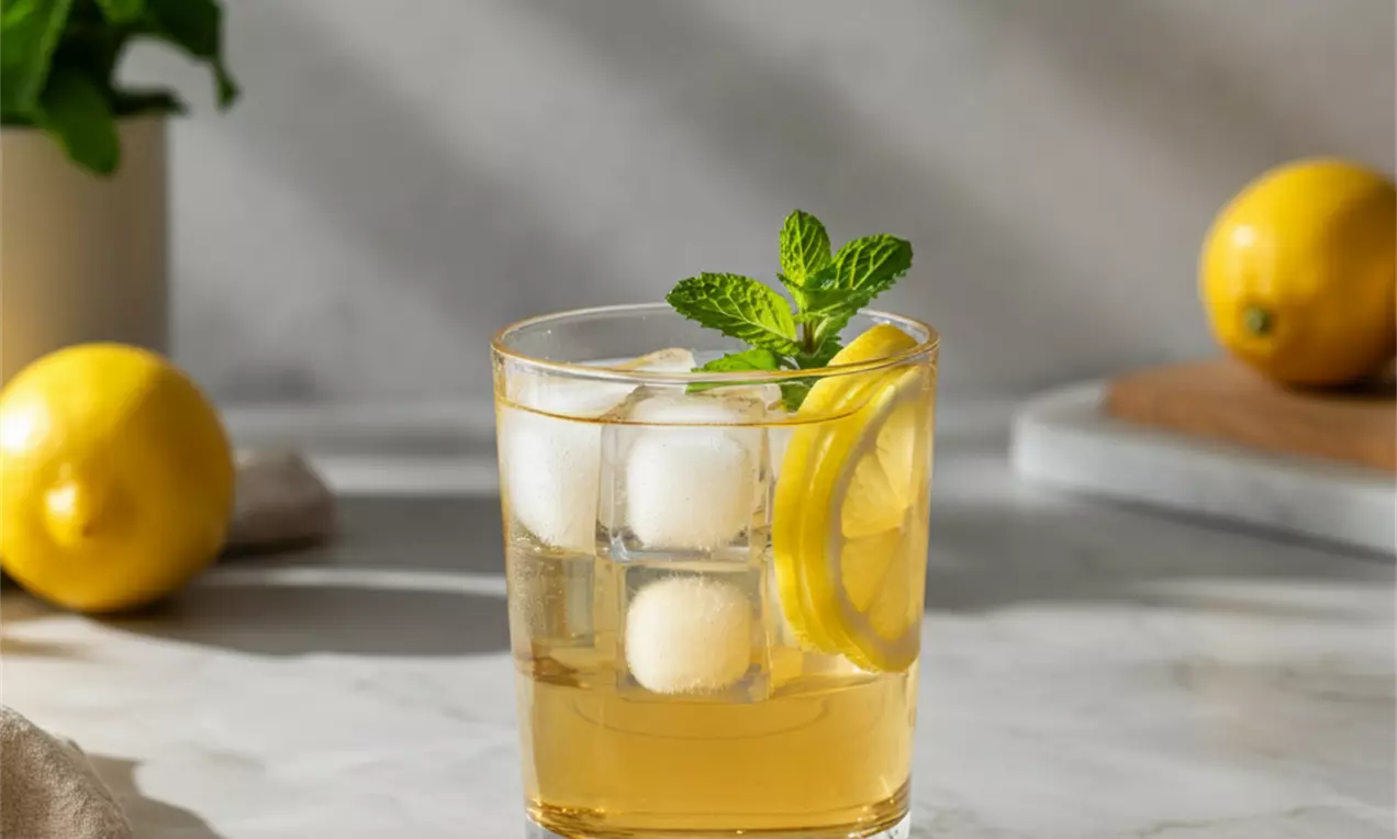 Picture - A clear glass of golden lemon-vanilla iced tea with ice cubes, lemon slices, and fresh mint, placed on a marble surface in sunlight